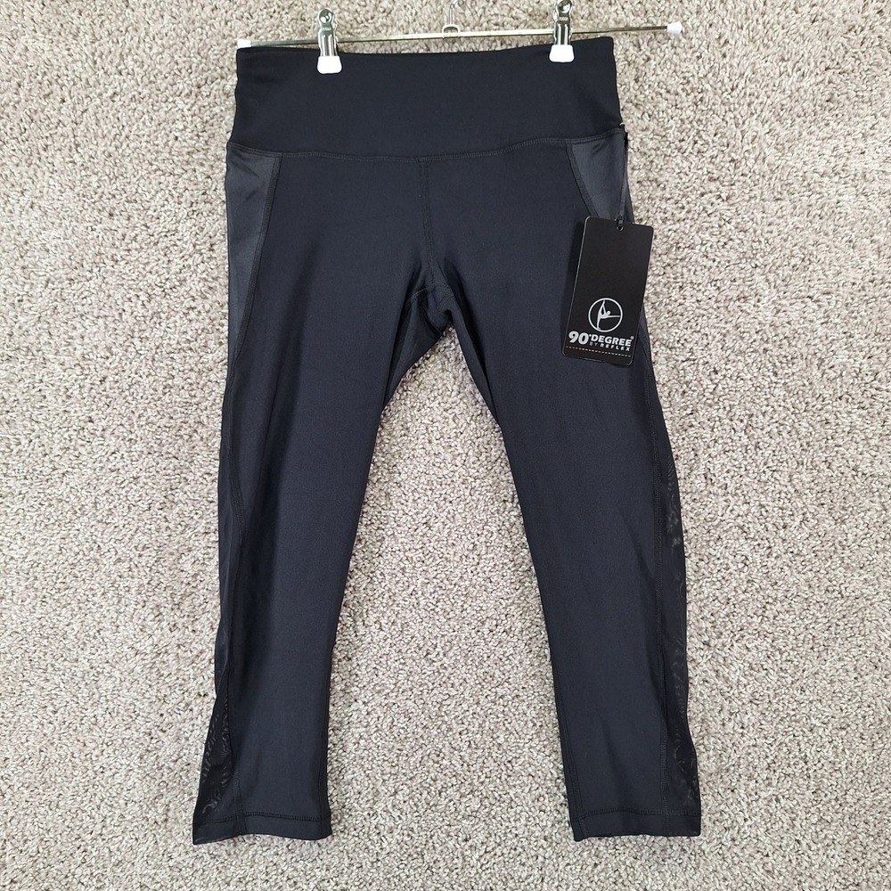 90 Degree By Reflex Leggings Womens S Black High Waist Capri Mesh Athleisure